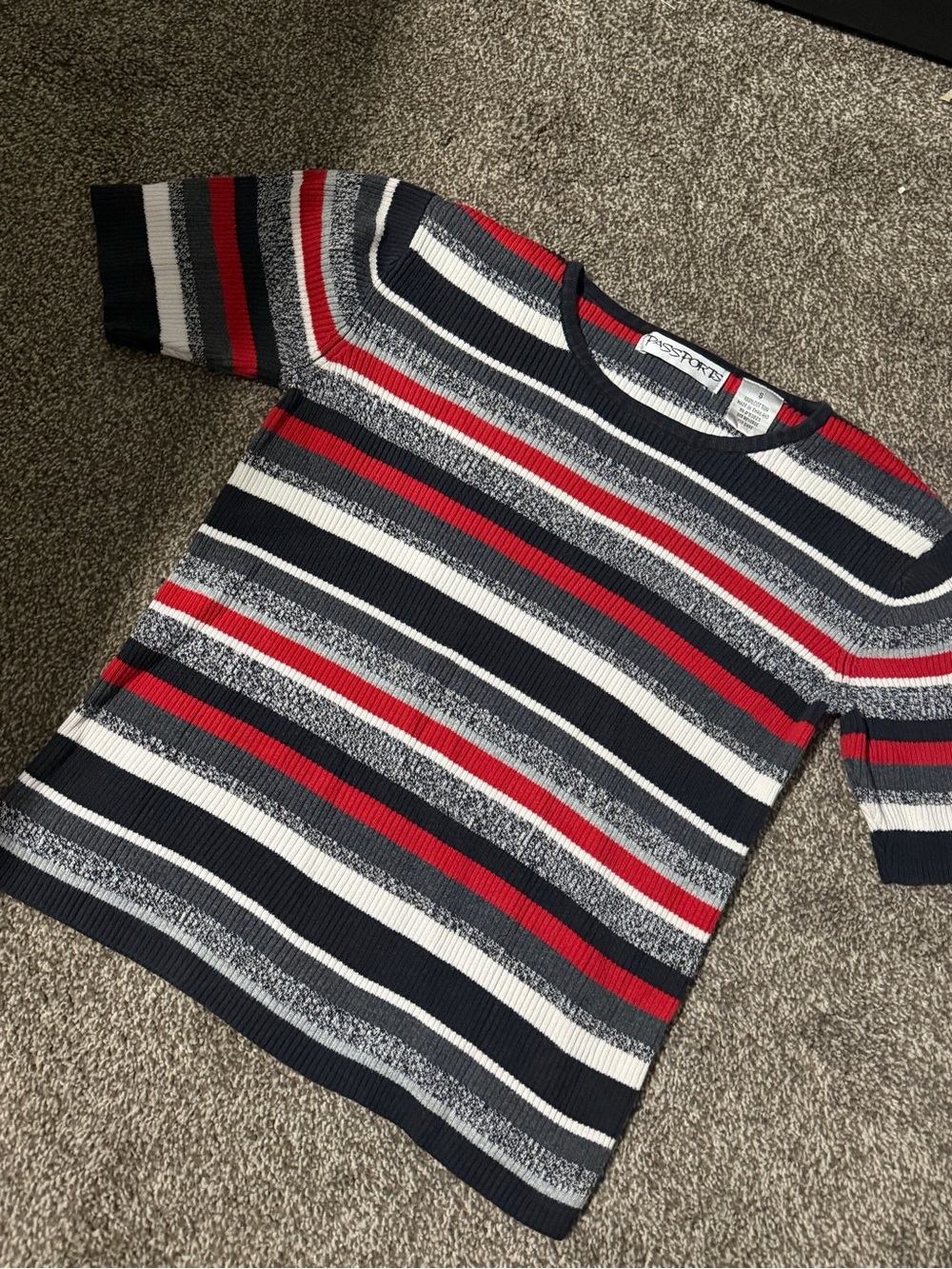 Sporty Stripe Short-Sleeve Sweater - Navy, Red & White